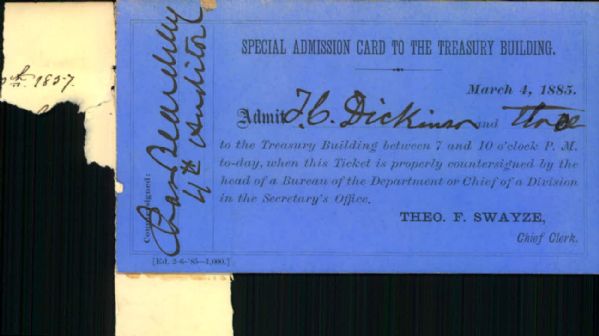 1885 Treasury Building Admission Card - Day of Grover Clevelands Inauguration