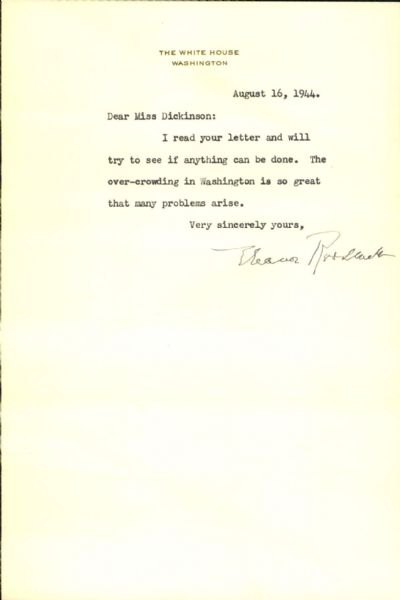 1944 Elanor Roosevelt Signed Letter - JSA