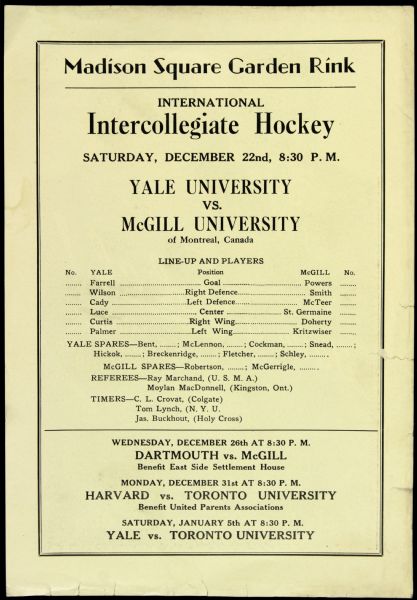 1930s Yale University vs. McGill Hockey Match at Madison Square Garden 