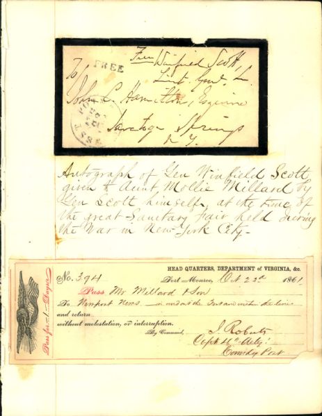 1861 General Winfield Scott Signed Envelope and Dept. of Virginia Visitors Pass