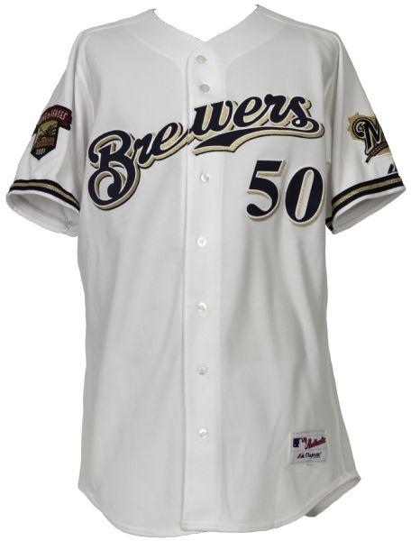2001 Everett Stull Milwaukee Brewers Game Worn Jersey DNP w/2001 Home To Heroes Patch - MEARS
