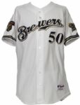 2001 Everett Stull Milwaukee Brewers Game Worn Jersey DNP w/2001 Home To Heroes Patch - MEARS