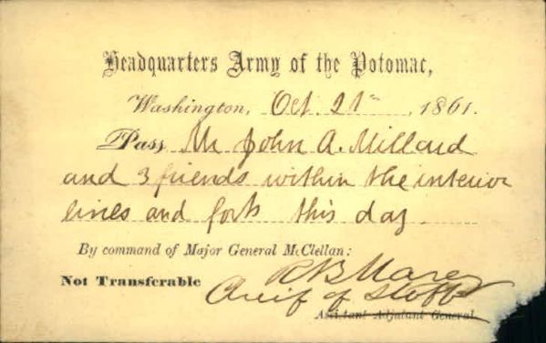 1861 Headquarters Army of the Potomac Interior Lines Day Pass