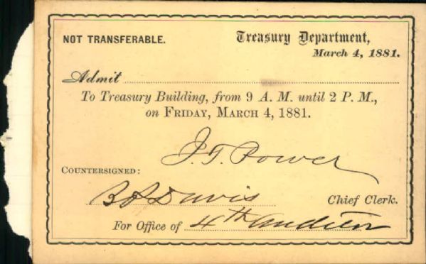 1881 Treasury Building Day Pass - Day of Benjamin Harrison Inauguration - Lot of 2