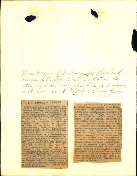 1885 Grover Cleveland Gift - Mailed Articles About Sir Richard Temple