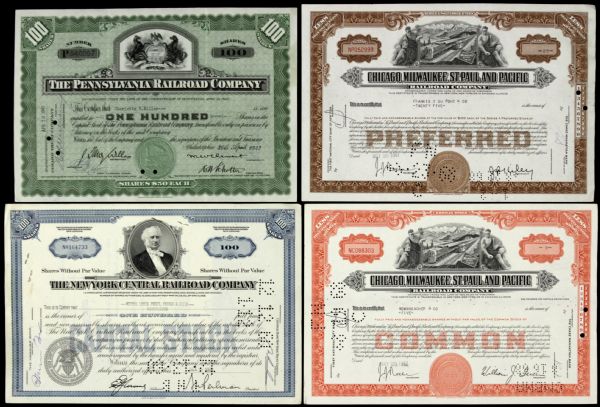 1943-67 Railroad Company Stocks - Pennsylvania, New York Central Railroad & (2) Chicago-Milwaukee 