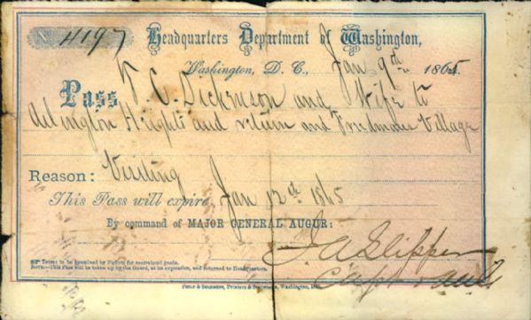 1865 Department of Washington Headquarters Visitors Pass