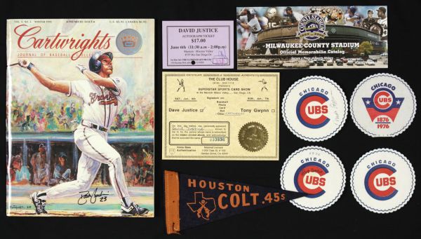 1960s-92 Potpourri of Baseball Related Items - Dave Justice Autograph Cubs Coasters and Colt .45s Mini Pennant