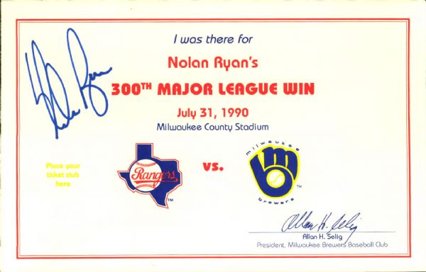 1990 Nolan Ryan Texas Rangers Signed 300th Major League Win Certificate - JSA