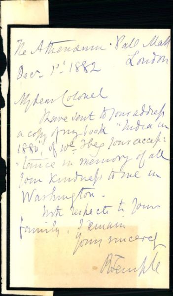 1882 Sir Richard Temple Signed and Handwritten Letter