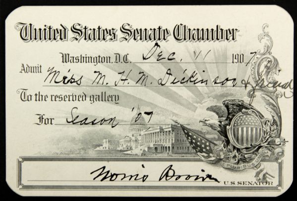 1907 Senator Norris Brown Signed United States Senate Chamber Admission Card