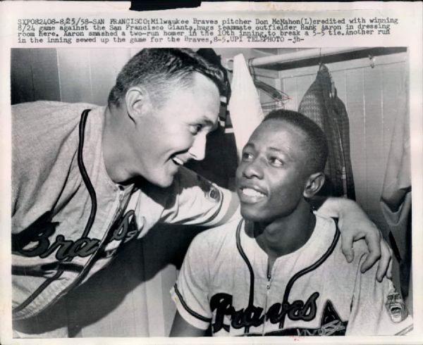 1958 Hank Aaron Don McMahon Milwaukee Braves "The Sporting News Collection Archives" Original Photo (Sporting News Collection Hologram/MEARS Photo LOA)