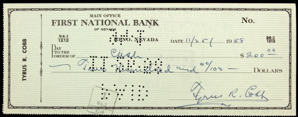 1958 Ty Cobb Detroit Tigers Signed Check Made Out to Cash - JSA Full Letter
