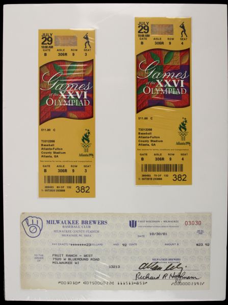 1992 Bud Selig Milwaukee Brewers Signed Check With Two Full Olympic Baseball Tickets - JSA 