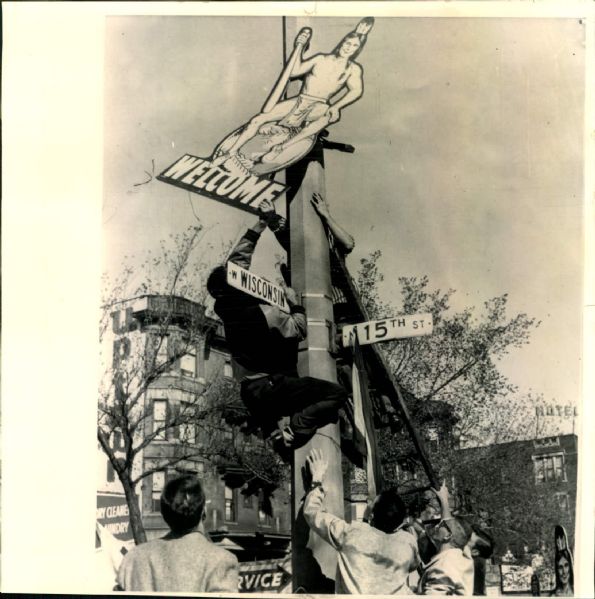 1957 Milwaukee Braves Street Sign Indian - World Series Celebration - "Chicago Sun-Times Archives" Original 8" x 8" Photo (Sporting News Collection Hologram/MEARS Photo LOA)