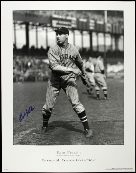 1992 Bob Feller Cleveland Indians Charles Conlon Signed 22" x 28" Poster - MEARS