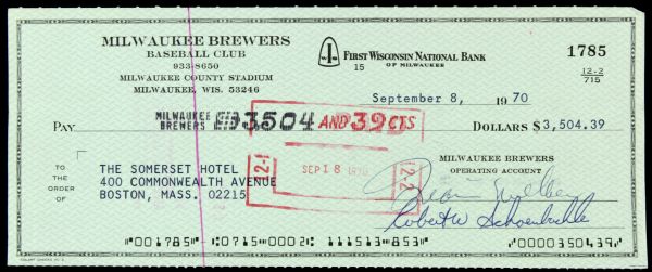 1970 Milwaukee Brewers Check - Made Out During Teams First Season