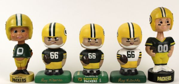1970s-2000s Packers Bobble Head Nodder - Lot of 5 With 3 Ray Nitschke 