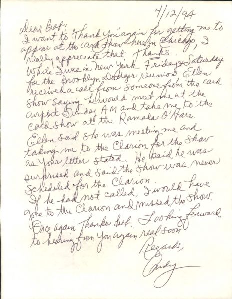 1994 Milwaukee Braves / Brooklyn Dodgers / Chicago Cubs Great Andy Pafko Signed Letter