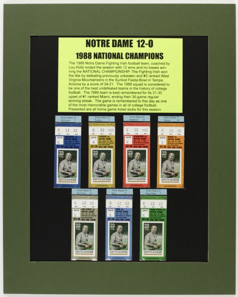 1988 Notre Dame Undefeated Season Run of 7 Home Tickets  In Display 
