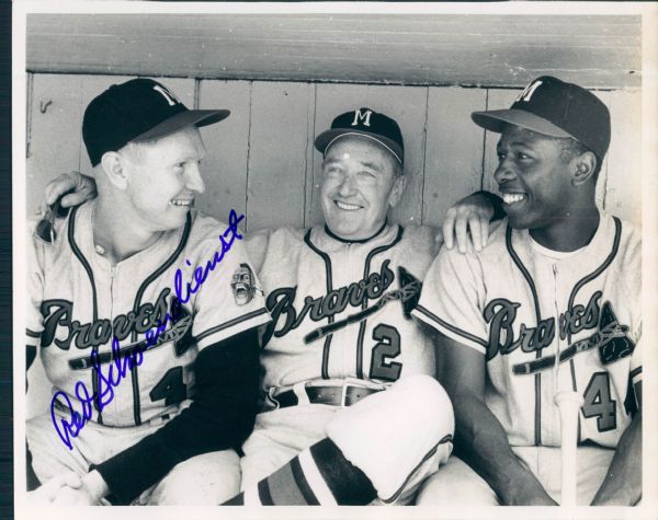 1957 Hank Aaron Red Schoendienst Fred Haney Milwaukee Braves 8" x 10" Original Press Wire Photo Signed by Schoendienst - JSA