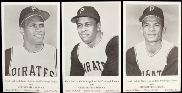 1969 Pittsburgh Pirates Greiner Tires Card Set of 8 w/ Roberto Clemente Matty Alou & Willie Stargell