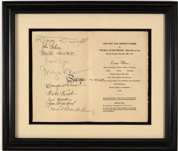 1937 Babe Ruth New York Yankees Robert Ripley Grantland Rice Signed Testimonial Dinner Menu From Jack Dempseys Restaurant - Full JSA Letter