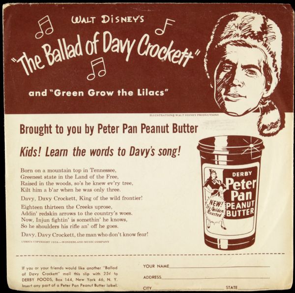 1950s Walt Disneys Davy Crockett Peter Pan Peanut Butter 45 RPM With Original Sleeve
