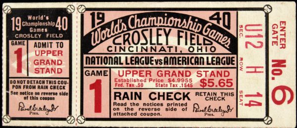 1940 Cincinnati Reds vs. Detroit Tigers Ticket Stub Crosley Field 