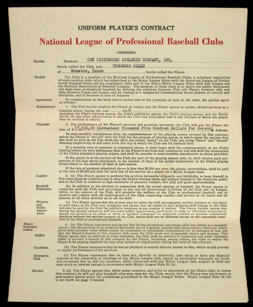 1952 Ted Wilkes Pittsburgh Pirates Signed Contract, Also Signed by Branch Rickey - JSA 