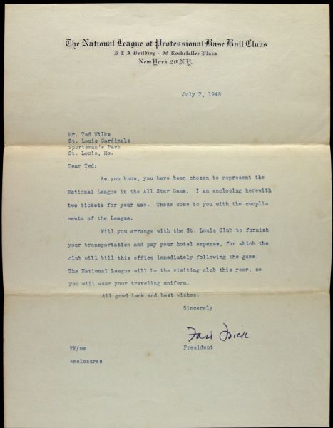 1948 Ted Wilks Letter Announcing His All Star Appearance Signed by Commissioner Ford Frick On National League Stationery From Estate - JSA