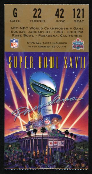 1993 Super Bowl XXVII Dallas Cowboys vs. Buffalo Bills Ticket Stub 