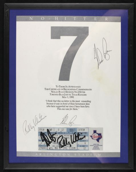 1991 Nolan Ryan Signed Full Ticket to 7th No-Hitter & Certificate To Game Also Signed by Bobby Valentine Twice Signed - JSA 