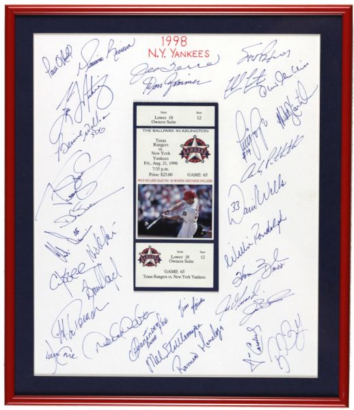 1998 Ticket Display Signed by New York Yankees Team w/ 32 Sigs. Incl. Derek Jeter Mariano Rivera - JSA 