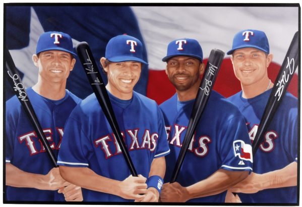 2008 Texas Rangers Multi Signed 13" x 19" Artwork Signed by Josh Hamilton Milton Bradley Ian Kinsler & Michael Young - JSA