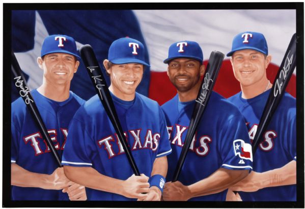 2008 Texas Rangers Multi Signed 13" x 19" Photo Signed by Josh Hamilton Milton Bradley Ian Kinsler & Michael Young - JSA