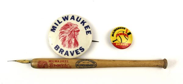 1953-65 Milwaukee Braves Pin Lot of 2 & Fountain Pen Baseball Bat