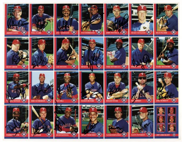 1997 Texas Rangers Mothers Cookies Team Signed 19 1/2" x 15 1/2" Sheet - JSA 