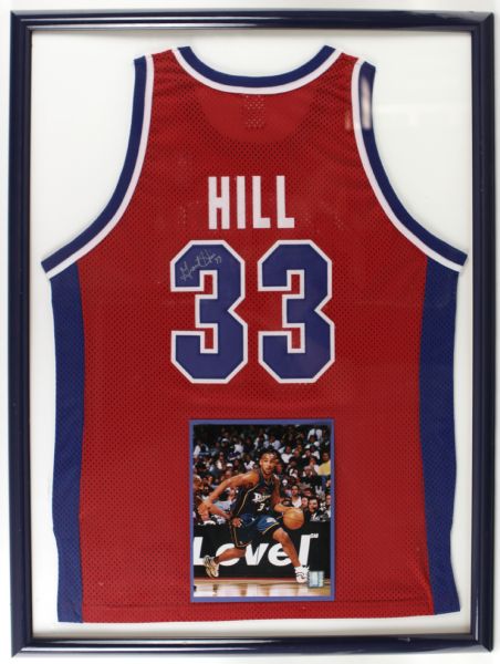 1990s Grant Hill Detroit Pistons Signed Authentic Jersey Display 28 1/2" x 38 1/2" - JSA 