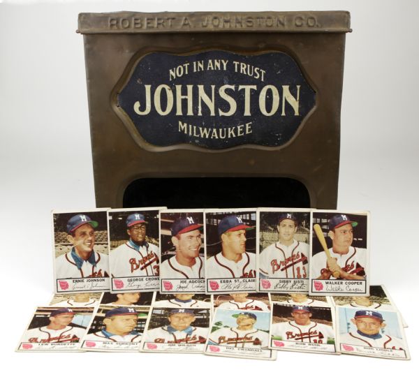 1940/50s Ultra Rare Johnston Cookies Table Top Display Box with Painted Glass Advertisement & Lot of 18 Milwaukee Braves Johnstons Cookies Cards