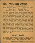 1940 Paul Waner Pittsburgh Pirates Play Ball Card #104
