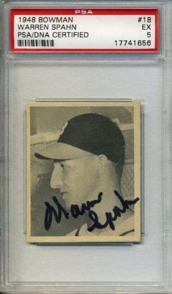 1948 Bowman #18 Warren Spahn Boston Braves Signed Rookie Card - PSA EX 5 (PSA/DNA Certified)