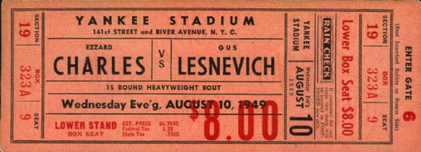 1949 Ezzard Charles vs. Gus Lesnevich Heavyweight Title Fight Ticket