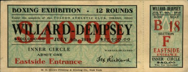 1919 Jess Willard vs. Jack Dempsey Full Ticket 