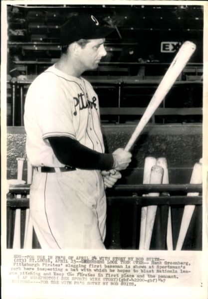 1947 Hank Greenberg Pittsburgh Pirates "The Sporting News Collection Archives" Original Photos (Sporting News Collection Hologram/MEARS Photo LOA) - Lot of 4