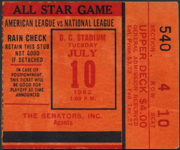 1962 All-Star Baseball Game Ticket Stub At D.C. Stadium - July 10, 1962