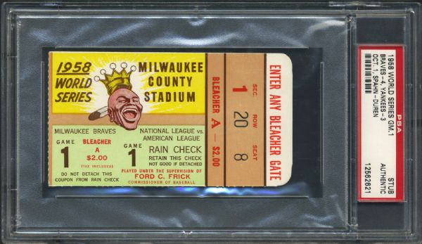 1958 World Series Game 1 Ticket Stub - Milwaukee Braves vs. New York Yankees - PSA Authentic 