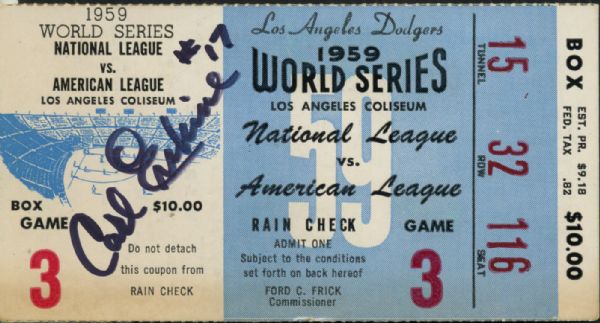 1959 World Series Ticket Stub - Los Angeles Dodgers vs. Chicago White Sox Signed by Carl Erskine - MEARS LOA 