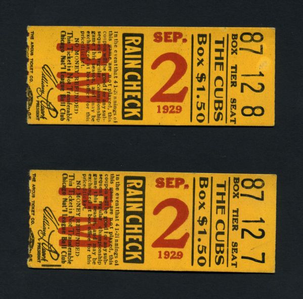1929 Chicago Cubs vs. St. Louis Cardinals Ticket Stub - Lot of 2 Hack Wilson Drives In 7 Runs in Double Header