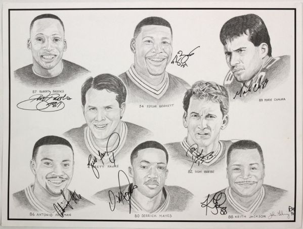 1996 Green Bay Packers Team-Signed 24" x 18" Lithograph - Offense & Defense w/ Favre White Simmons Also Signed by Artist - JSA 